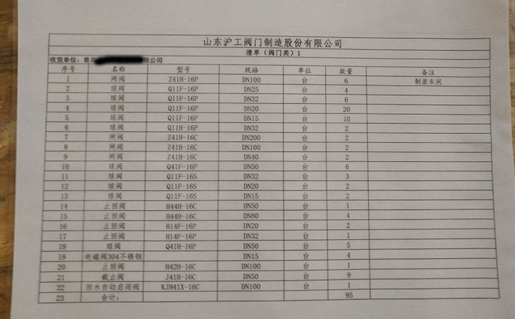 閘閥、球閥、止回閥發貨清單